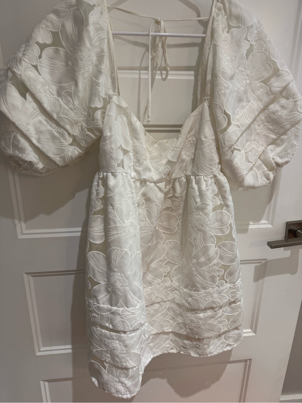 Ivory Floral Embroidered Puff Sleeve Mini Dress